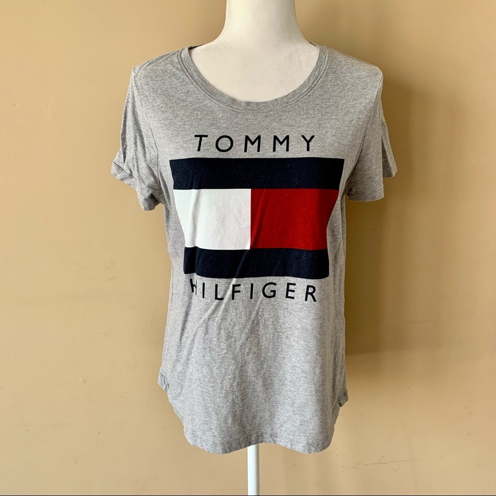 Tommy Hilfiger Medium Gray Flag Navy White Red Shirt Top Tee